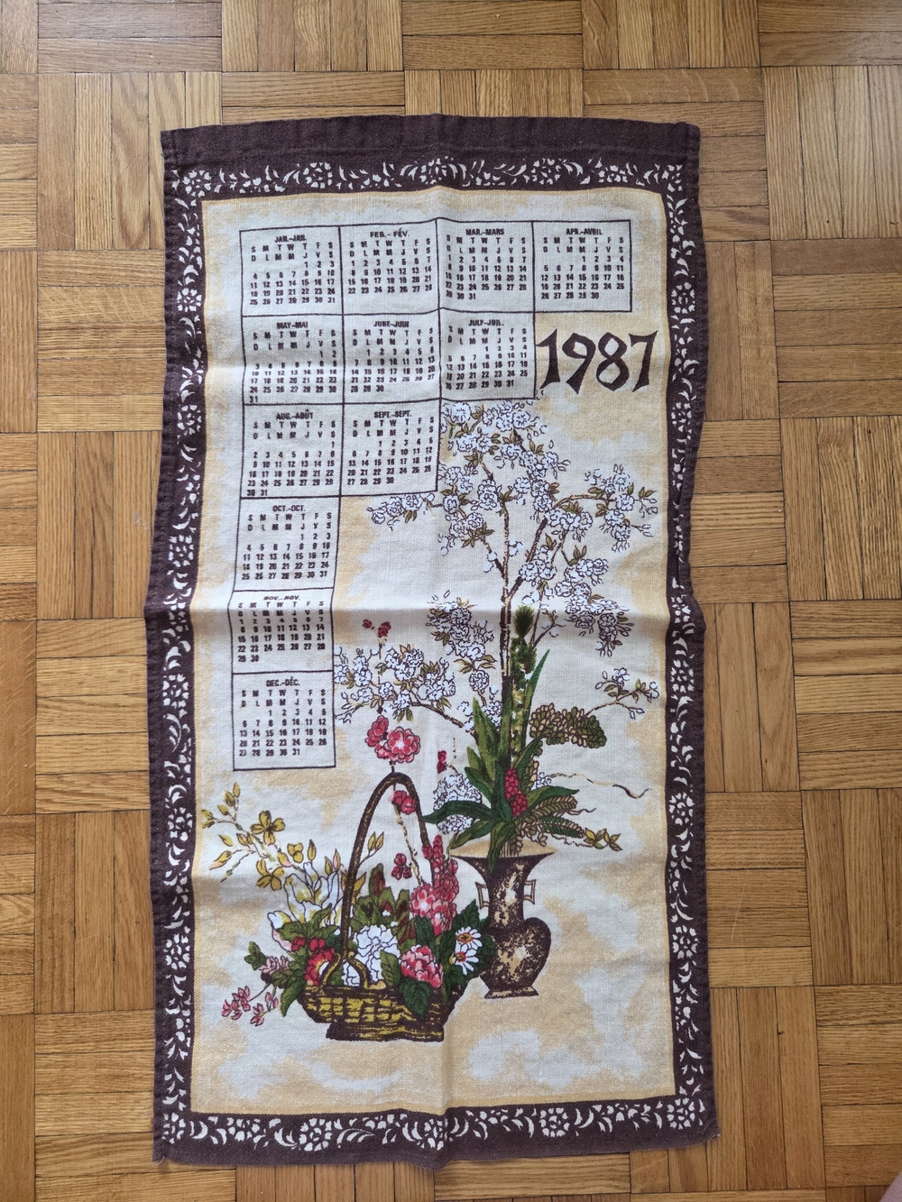 Vintage 1987 Floral Calendar Kitchen Tea Towel - Wall Hanging